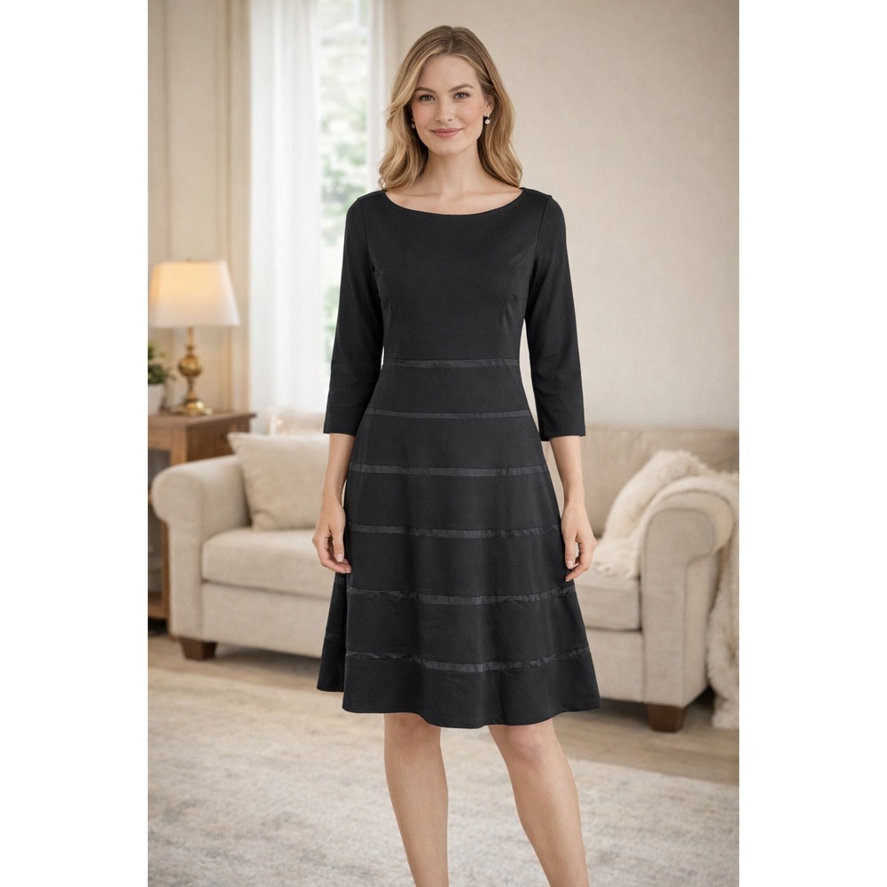 Erin‎ Fetherston Black Fit and Flare Dress 3/4 Sleeve Ribbon Tiered Size 12